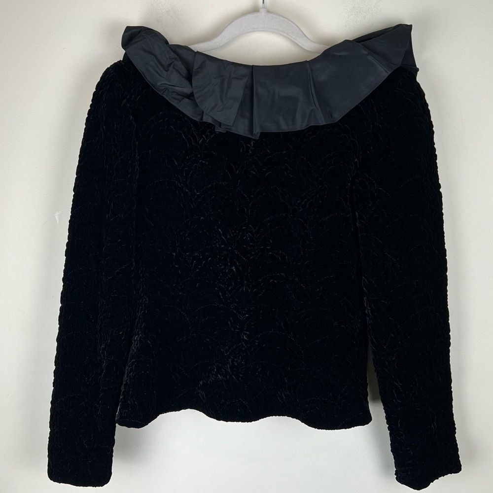 rickie freeman for Teri Jon Festive Quilted Velvet Satin Ruffle Black Top | 4 - Picture 6 of 10